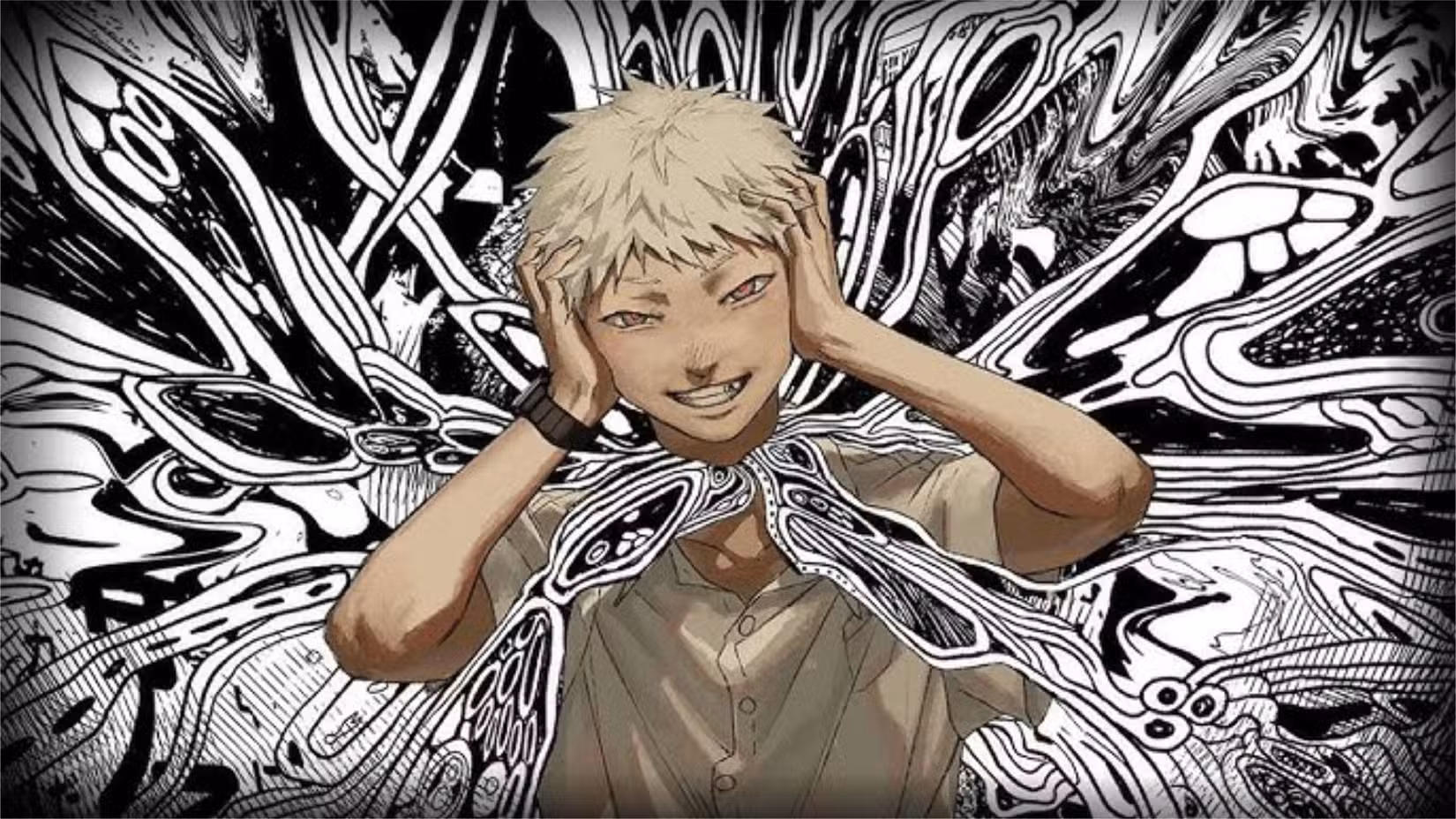 Uma capa do mangá The Summer hikaru morreu mostrando Hikaru possuído pela entidade