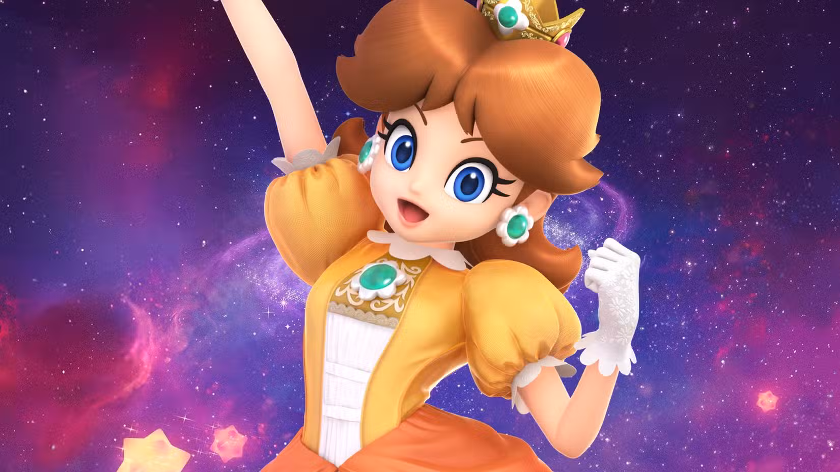 Arte da Princesa Daisy contra um fundo do filme Super Mario Galaxy
