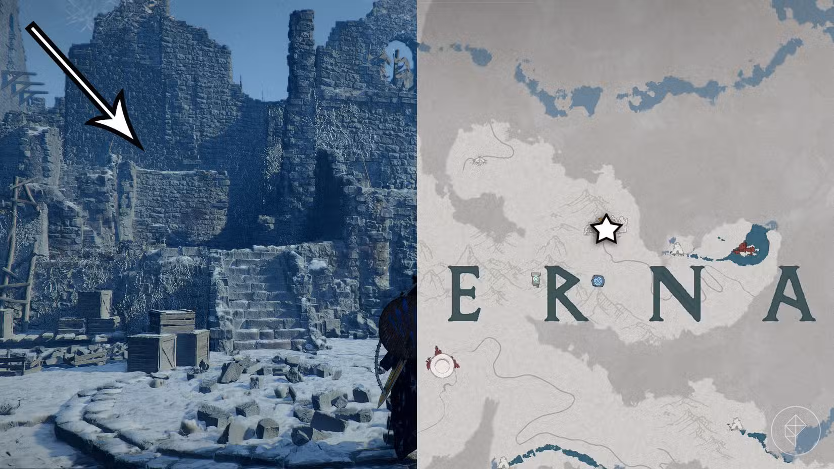 Uma montagem mostrando a localização da capa do Reino Caído