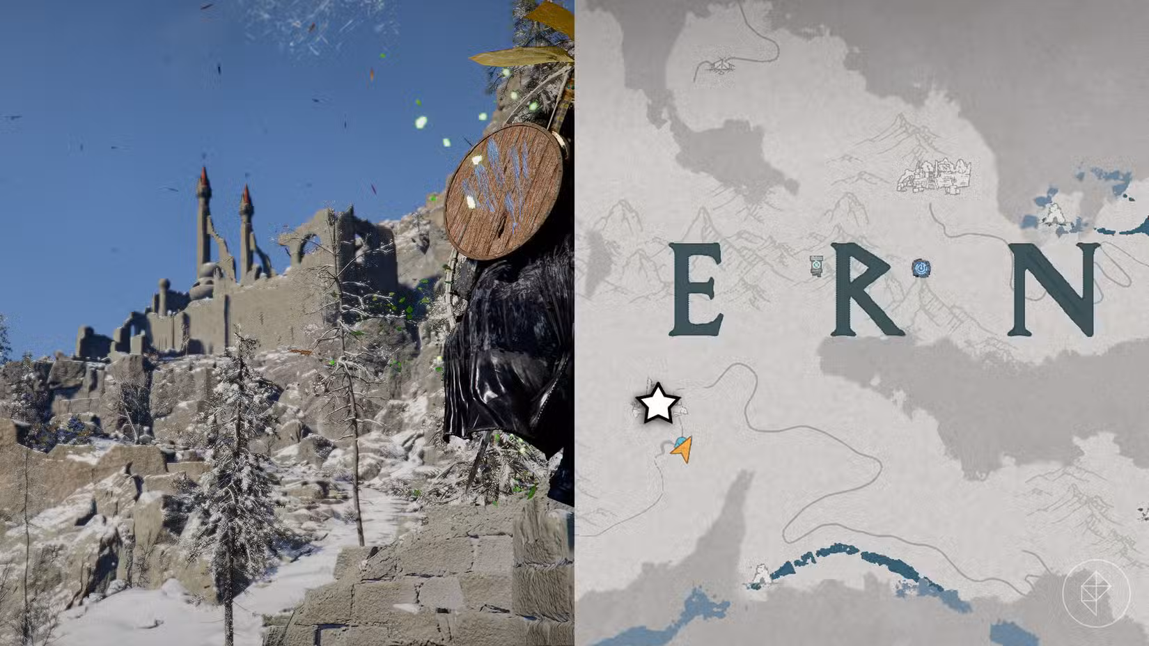 Uma montagem mostrando a localização do elmo do Reino Caído