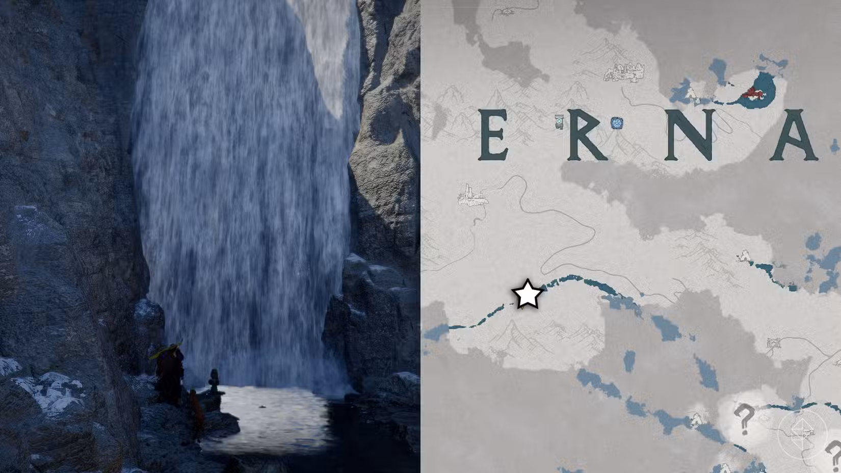 Uma montagem mostrando a localização do elmo do Reino Caído