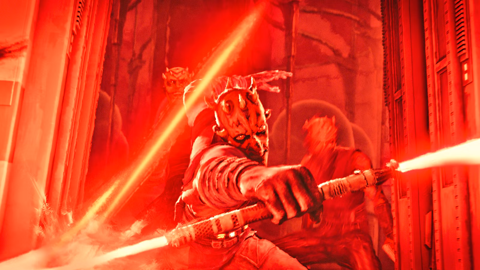 Darth Maul avança, balançando seu sabre de luz vermelho de lâmina dupla, em uma imagem iluminada em vermelho da série animada Maul – Shadow Lord.