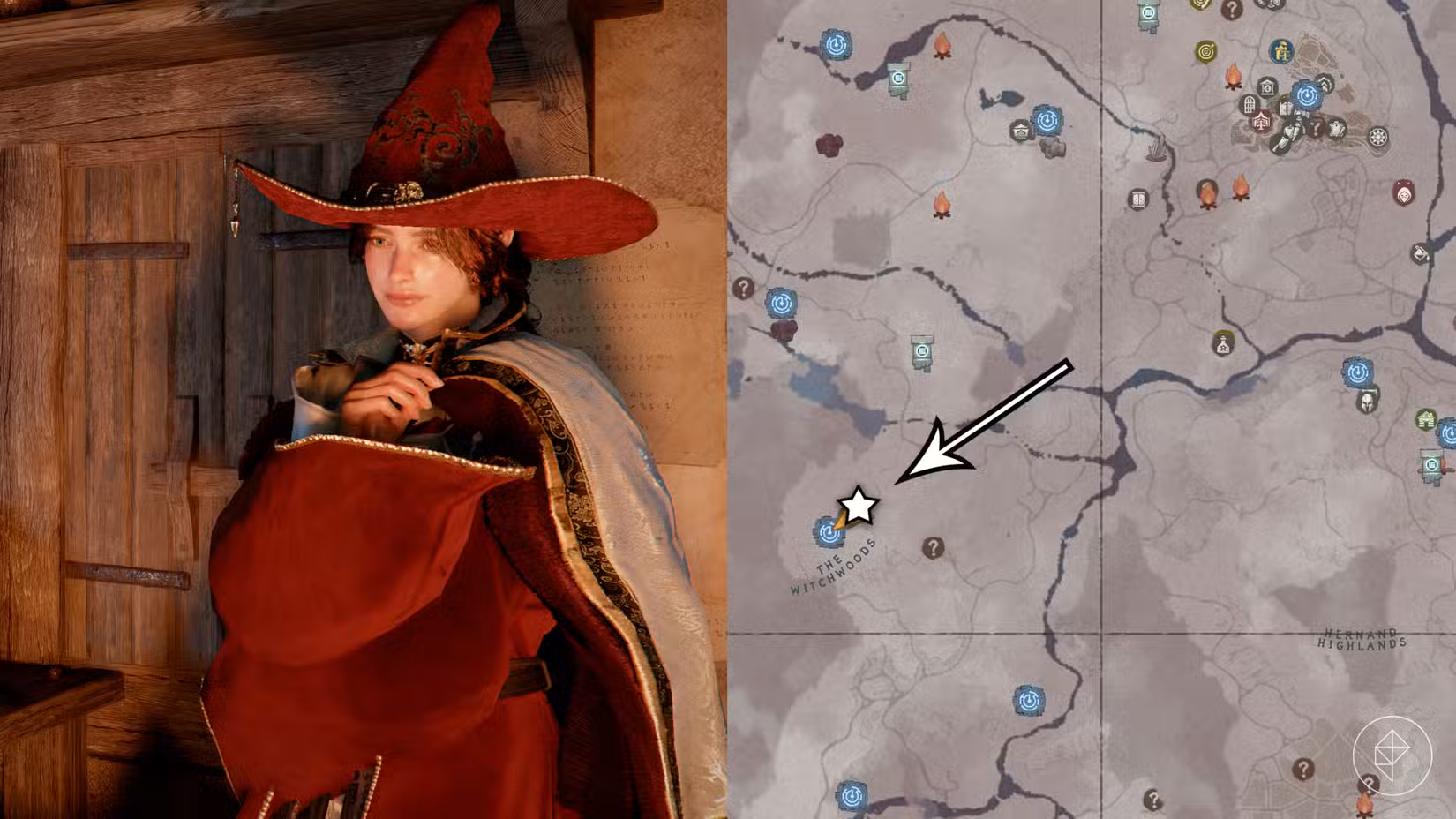 Localização de Elowen, a Bruxa, no Deserto Carmesim.