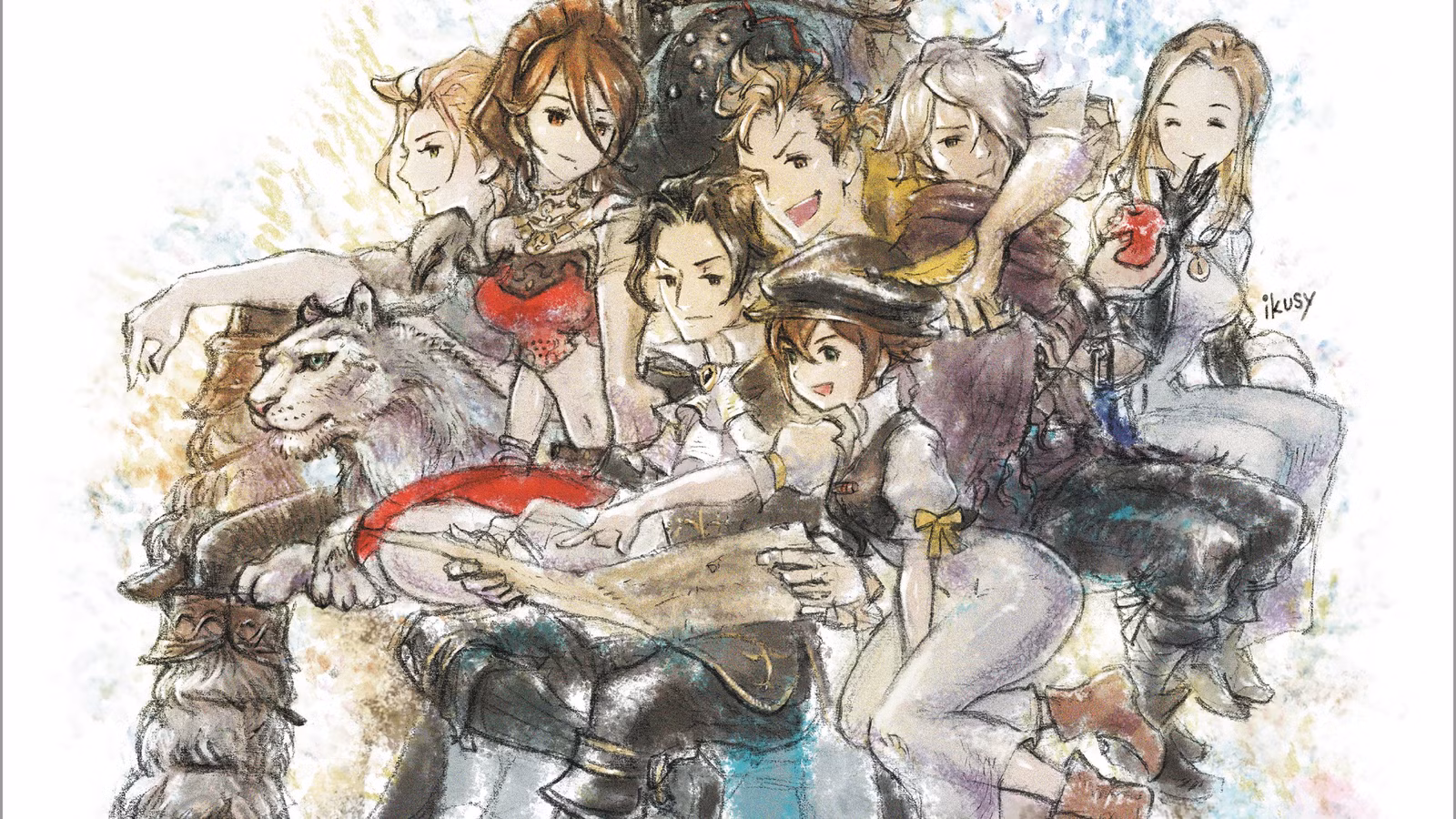 Um grupo de aventureiros se reúne em torno de um livro de arte do Octopath Traveller TRPG