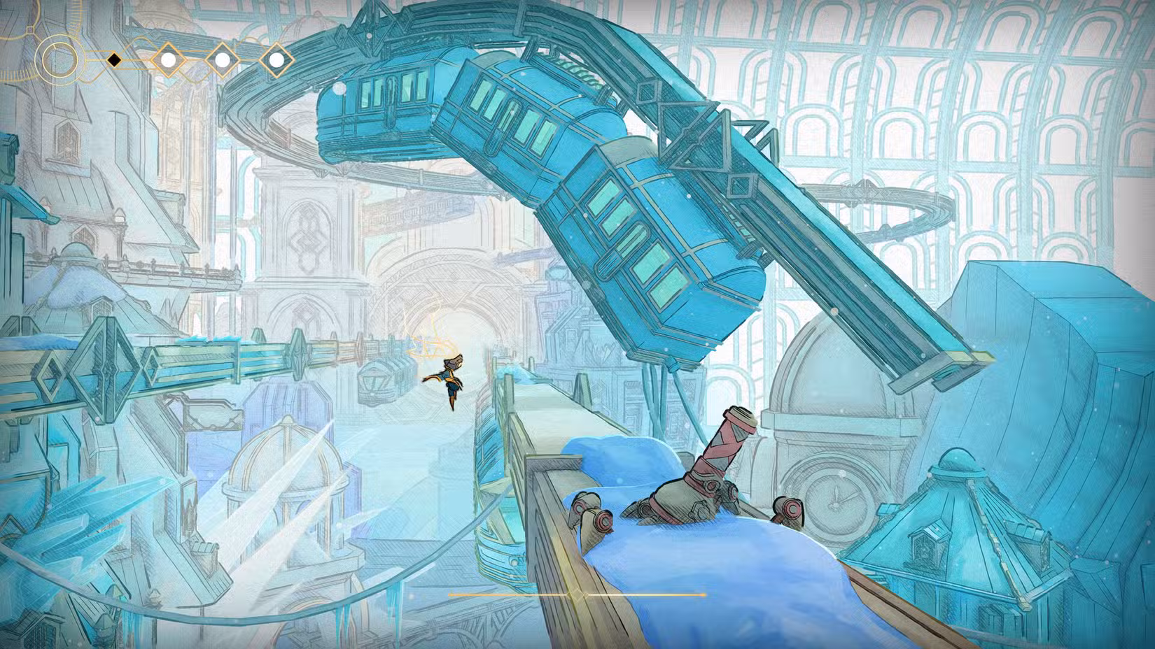 Um trem passa acima de um nível de gelo em Mio: Memories in Orbit.