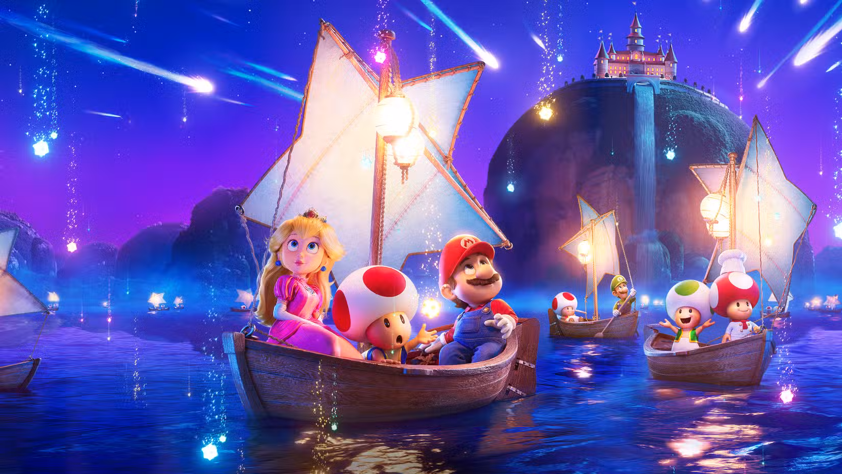 Arte do filme Super Mario Galaxy, com Princesa Peach, Toad e Mario andando em um veleiro