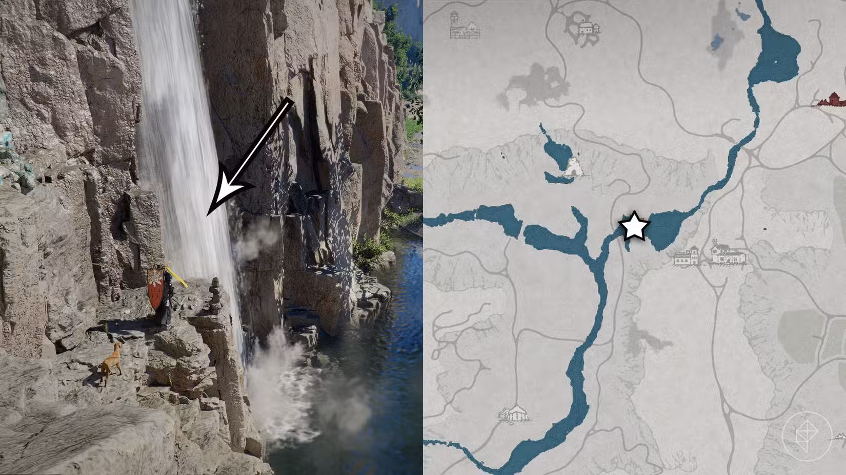 Uma montagem de duas imagens do Crimson Desert mostrando a localização das botas Scorchflame