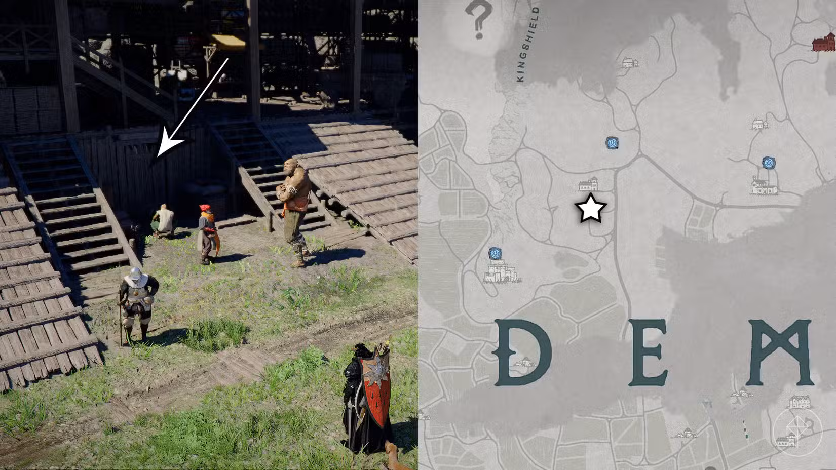 Uma montagem de duas imagens do Crimson Desert mostrando a localização da parte da armadura do conjunto Scorchflame