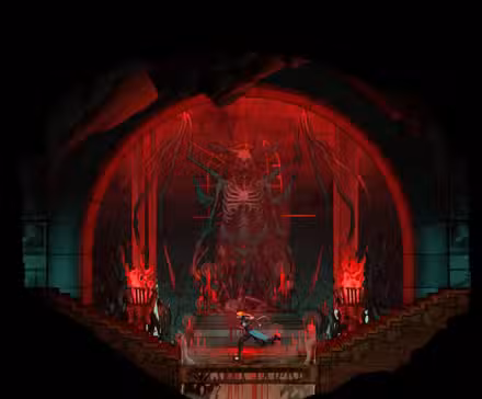 Um esqueleto está pendurado na parede de uma sala em Castlevania: Belmont's Curse.