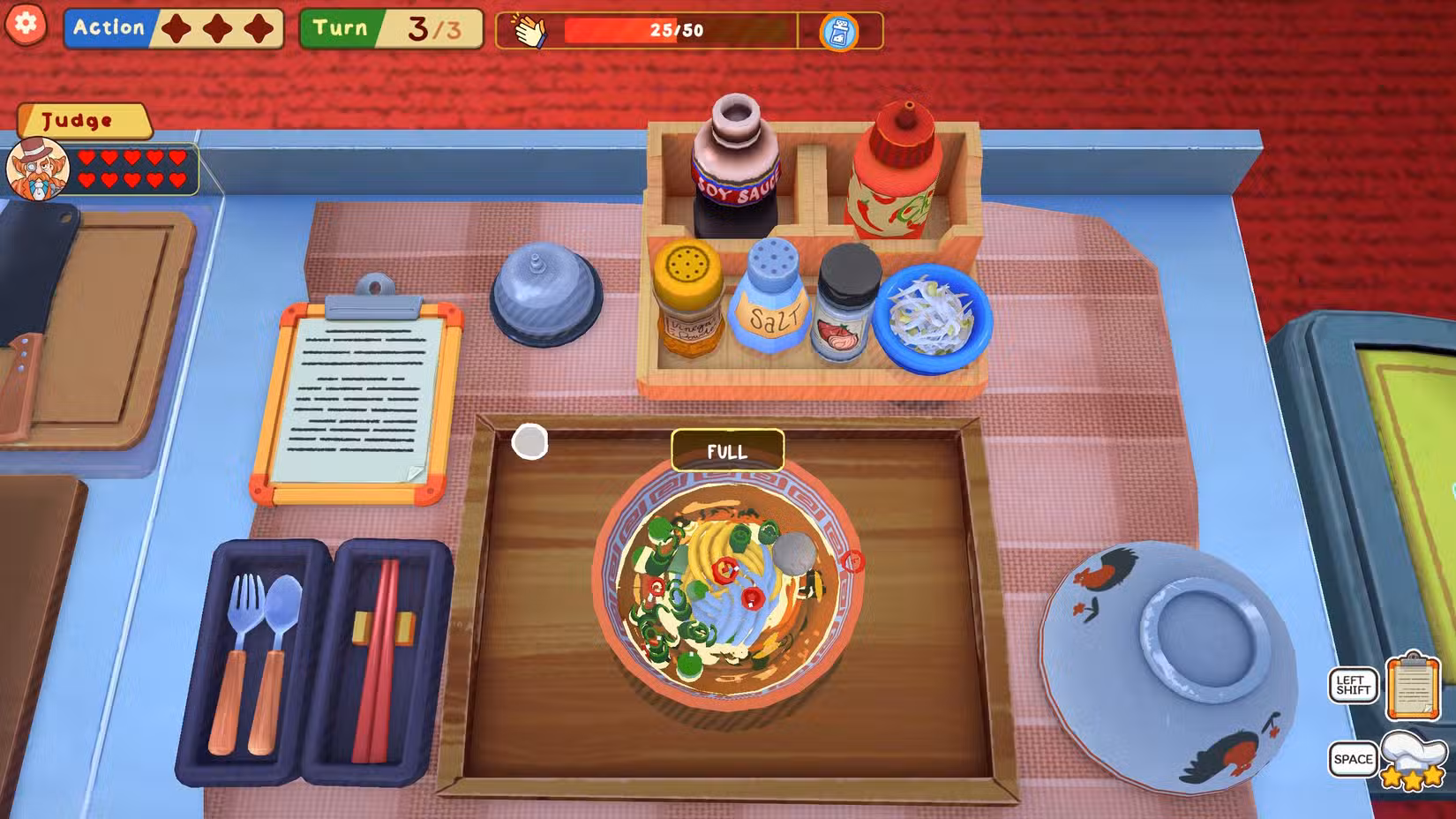 Uma tigela cheia de macarrão e almôndegas em uma estação de culinária de competição em KuloNiku: Bowl Up