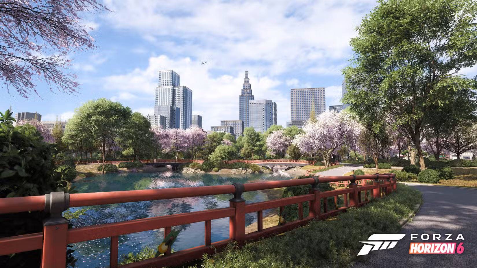 Uma vista do horizonte de Tóquio de um parque no Forza Horizon 6