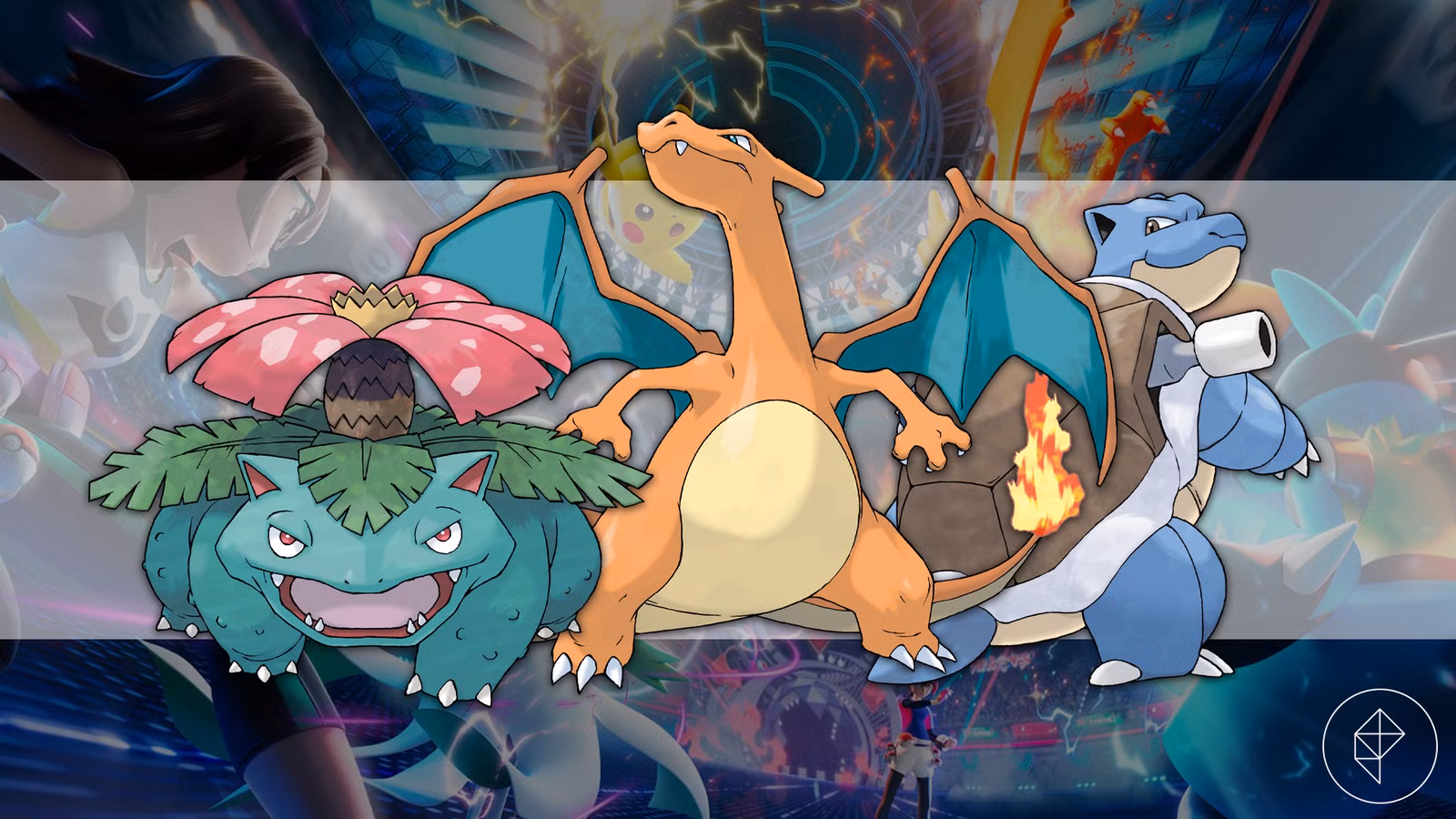 Venusaur, Charizard e Blastoise sobre a arte principal de Pokémon Champions