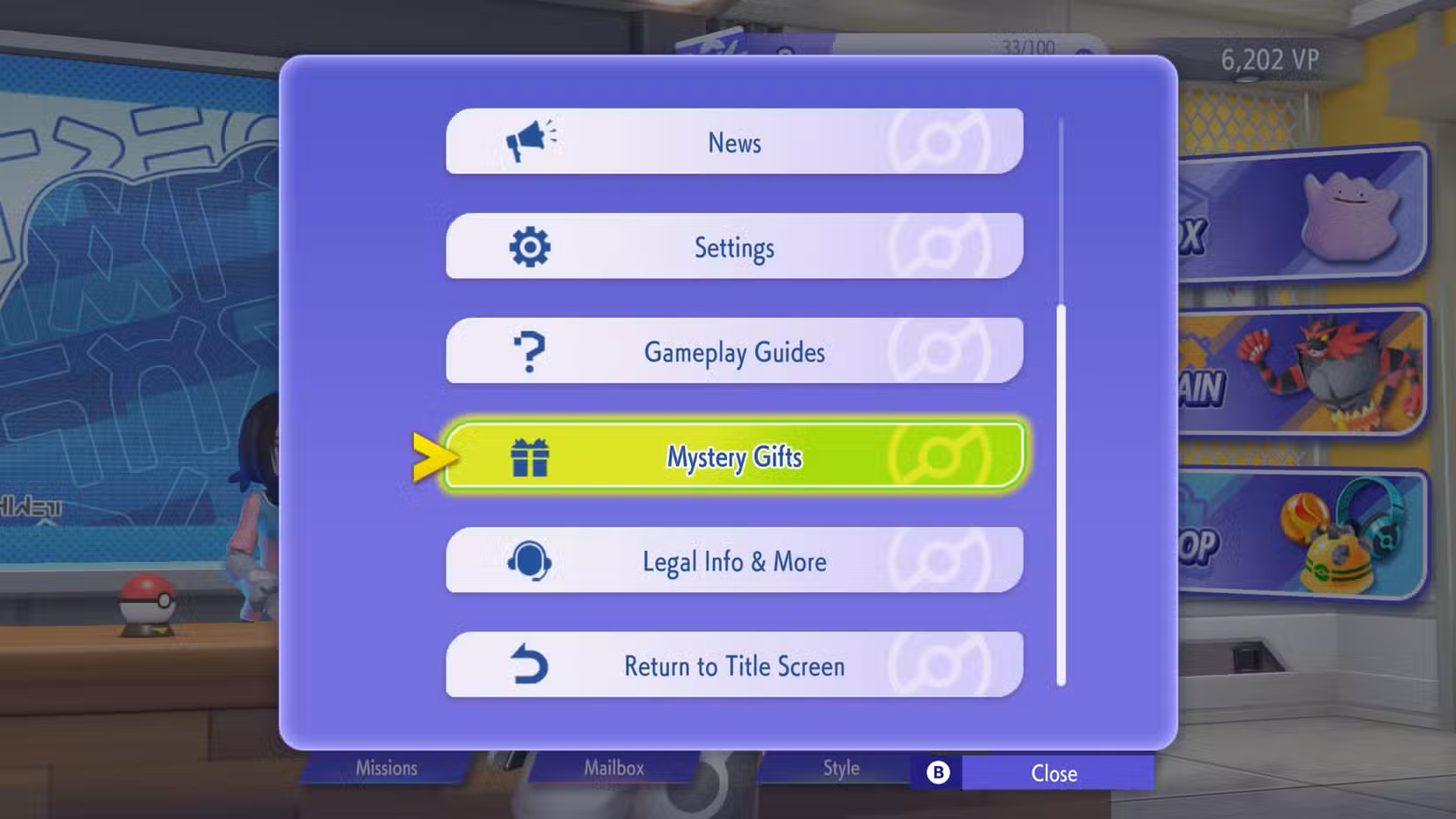 O menu Mystery Gift em Pokémon Champions