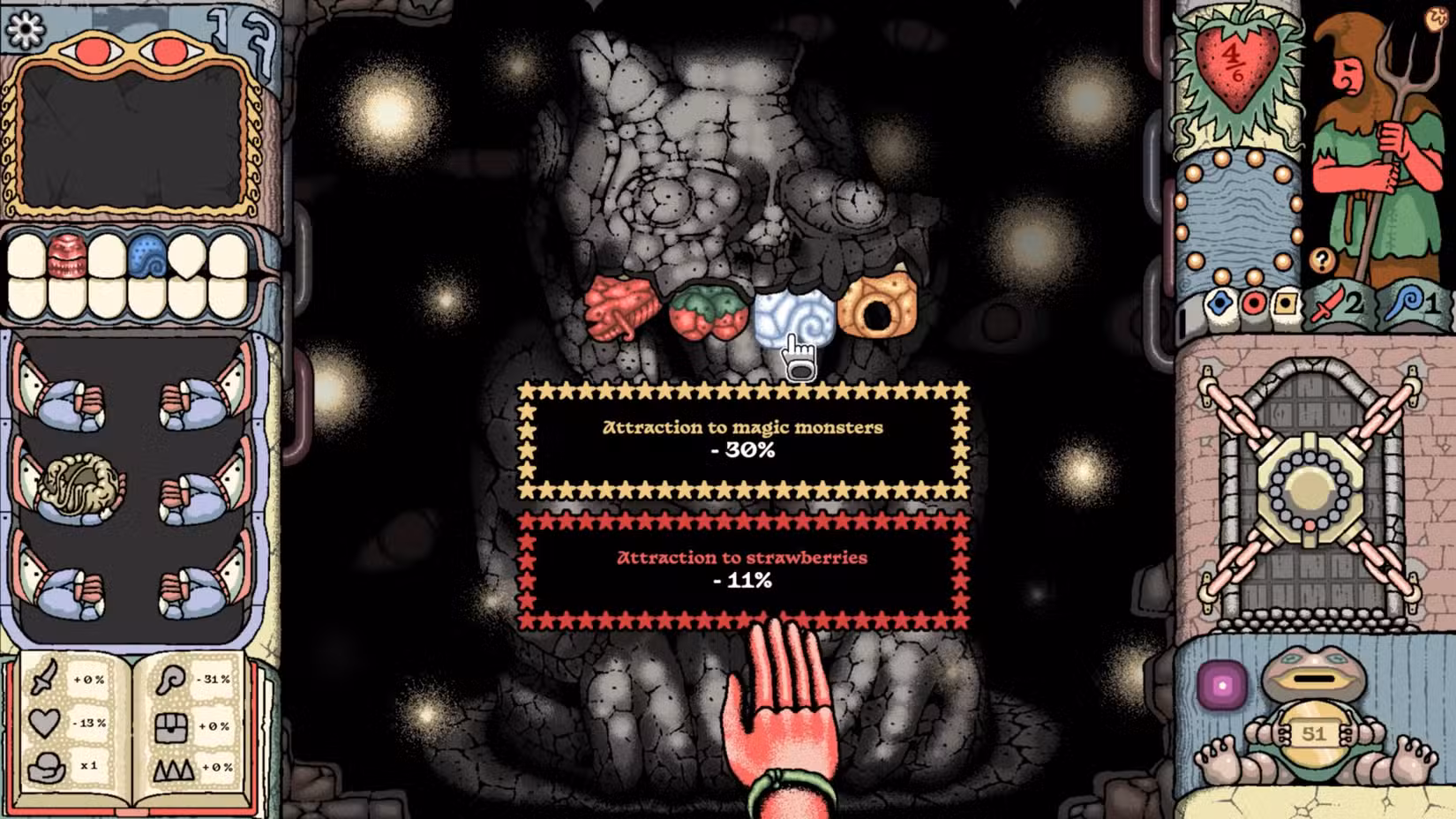 Uma mão escolhe quais dentes arrancar de uma estátua em Sol Cesto.