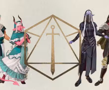 O logotipo da Critical Role com quatro personagens da Campanha 4