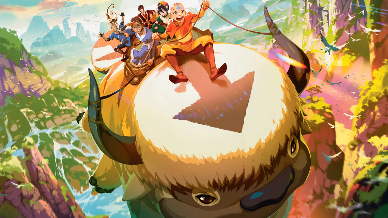 Arte principal do Avatar MTG mostrando Aang e sua turma montando Appa