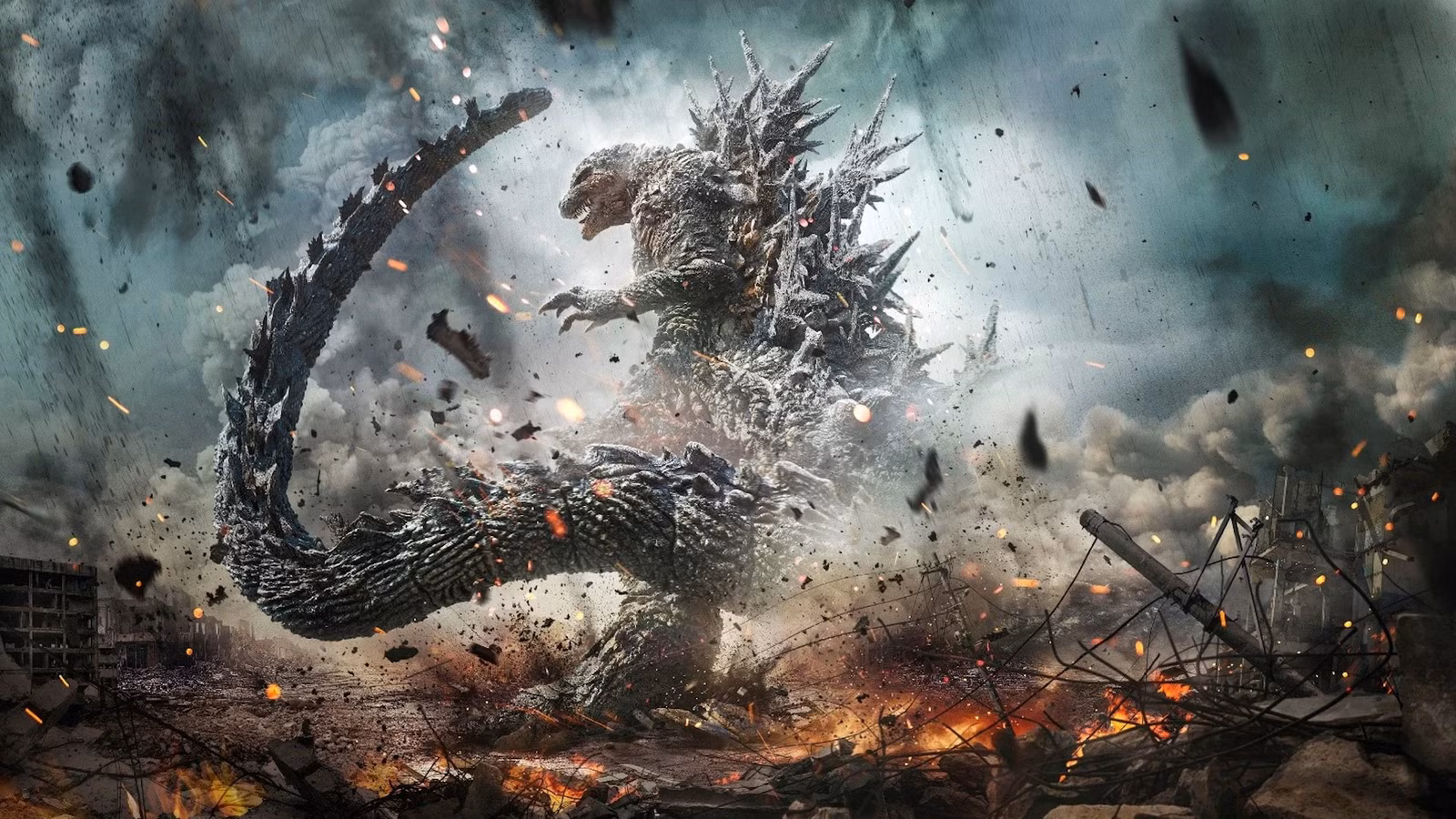 Arte principal de Godzilla entre as ruínas de Godzilla Minus One