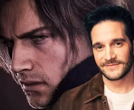 Os sorrisos de Nick Apostolides sobrepostos a uma imagem de Leon S. Kennedy de Resident Evil: Requiem