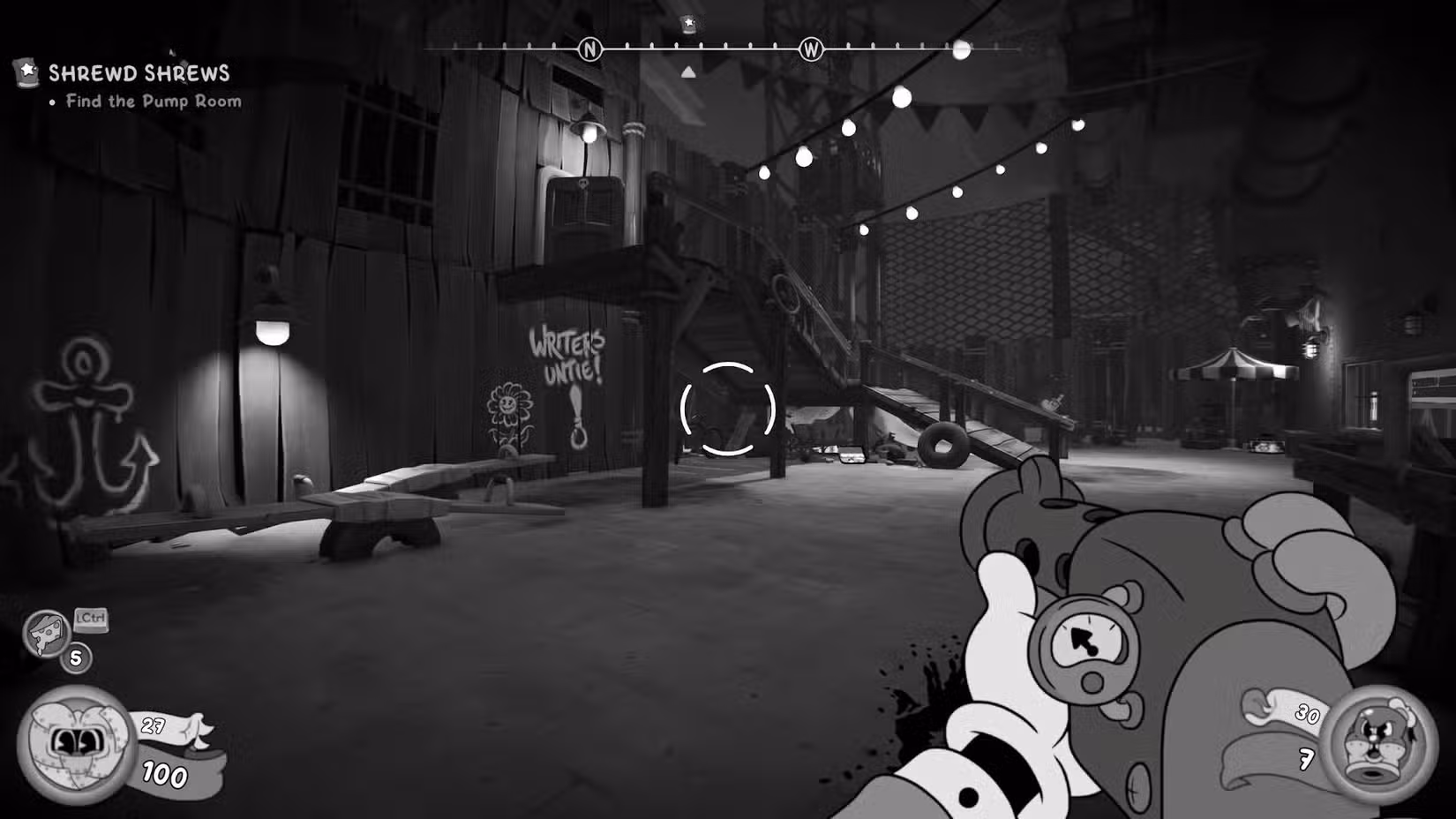 O jogador em Mouse: PI For Hire olhando para uma área aberta com os trabalhadores desamarrando grafites na parede.