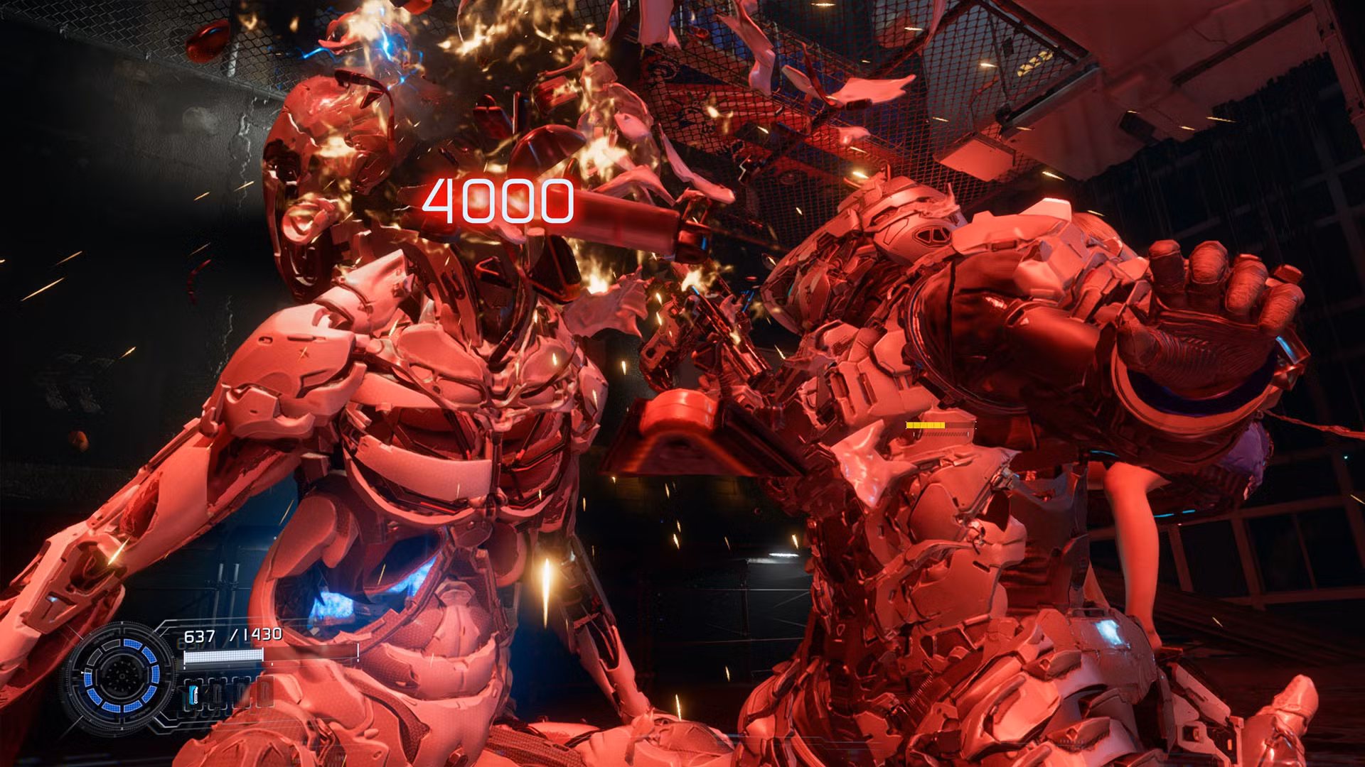 Uma captura de tela do Pragmata mostrando Hugh acertando um ataque crítico