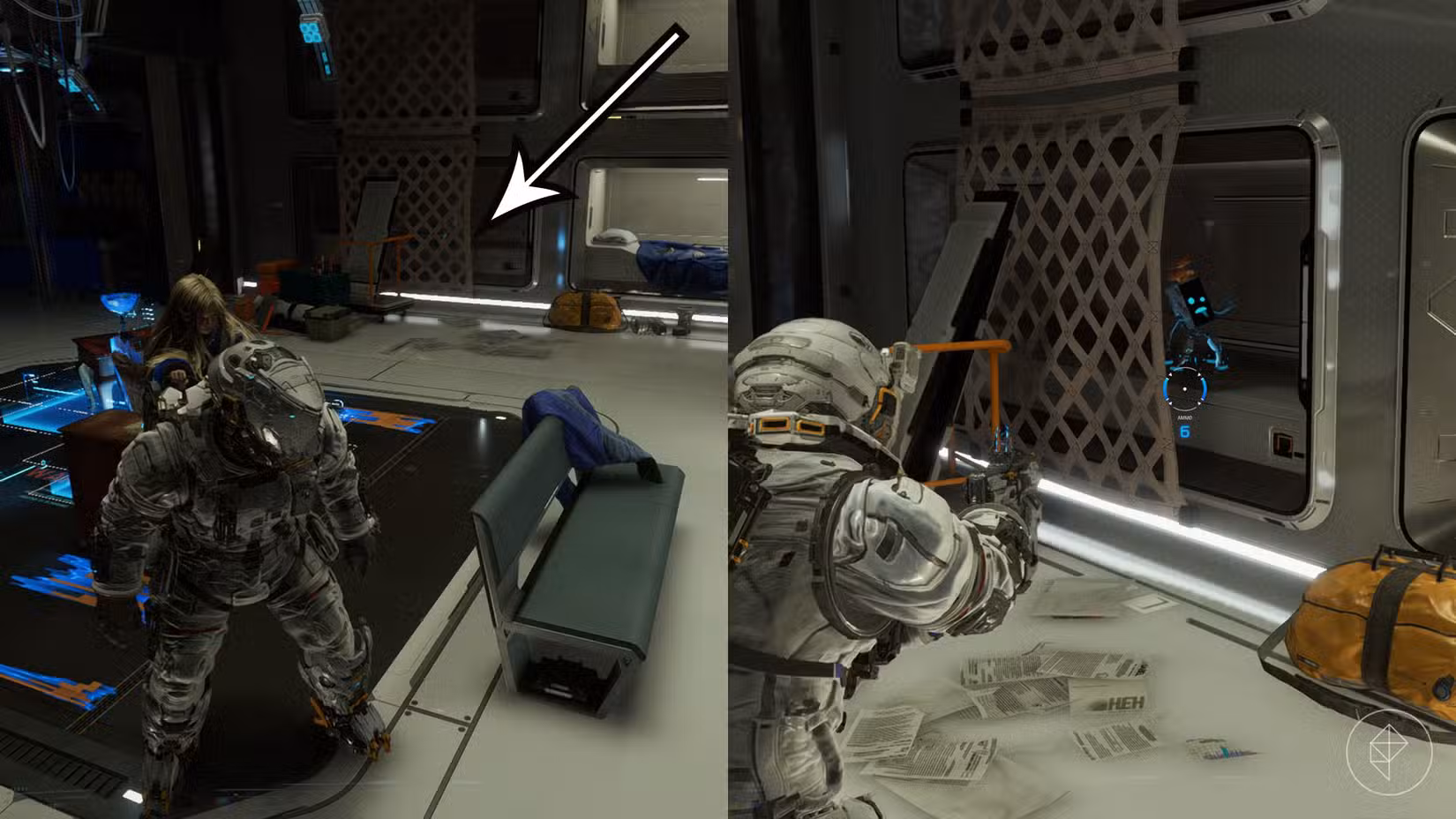 Uma montagem usando duas imagens Pragmata mostrando a localização de uma figura da Mini Cabine