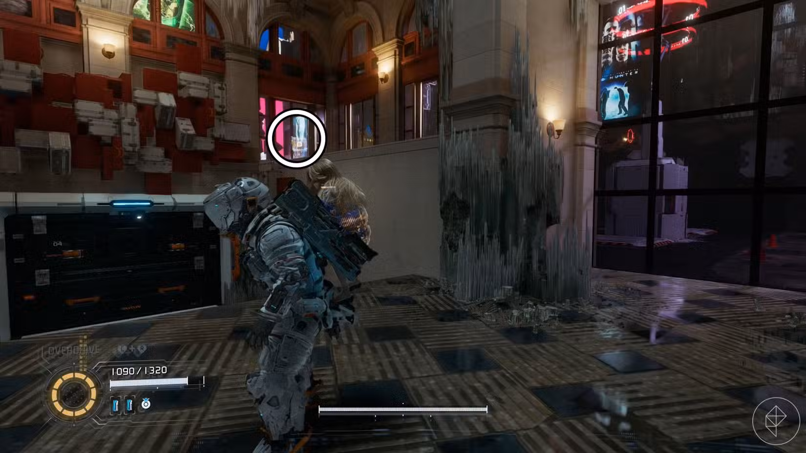 Uma captura de tela do Pragmata mostrando a localização de um componente de atualização no setor Mass Production Array