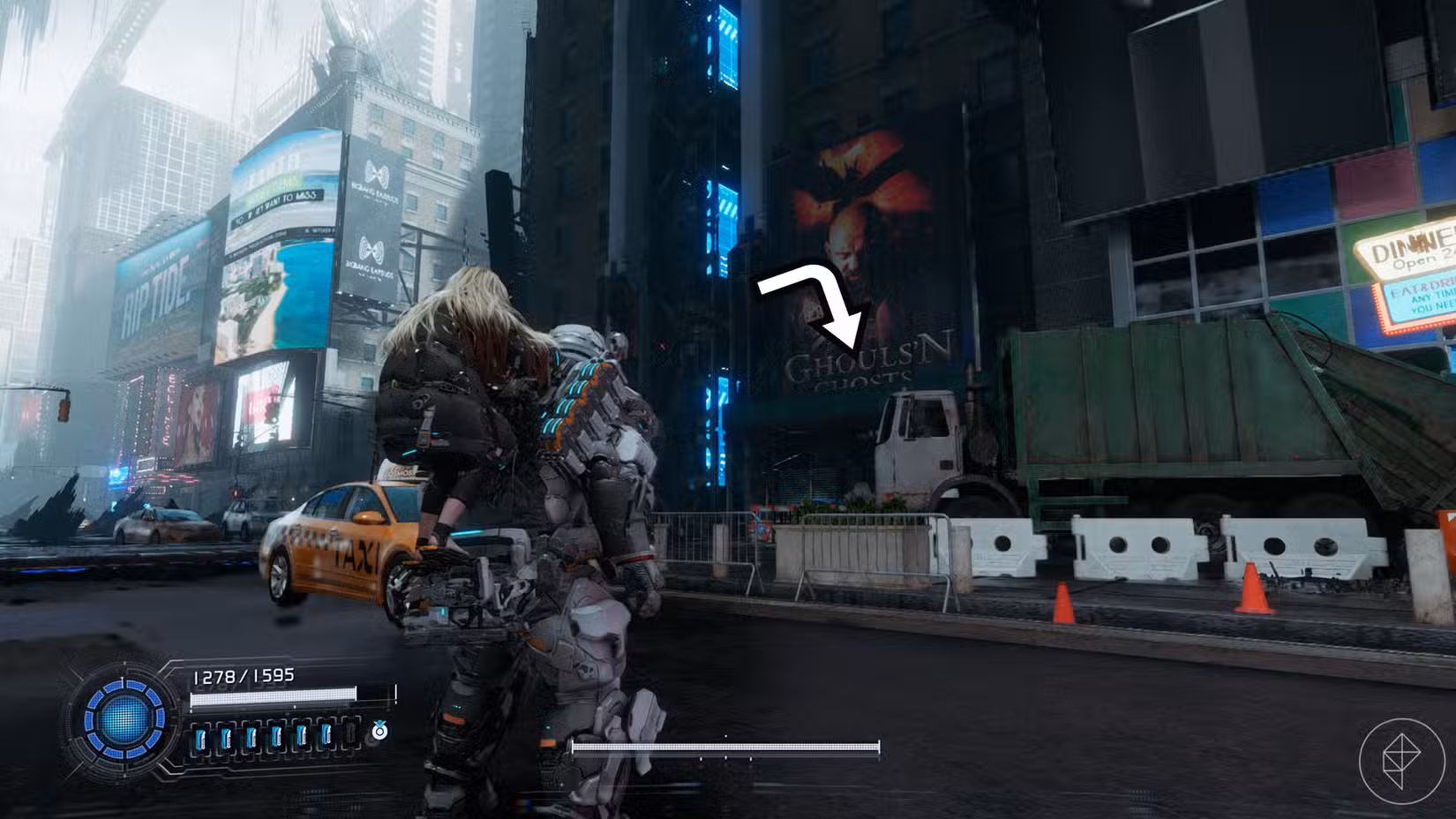 Uma captura de tela do Pragmata mostrando a localização de um componente de atualização no setor da Usina de Energia Solar