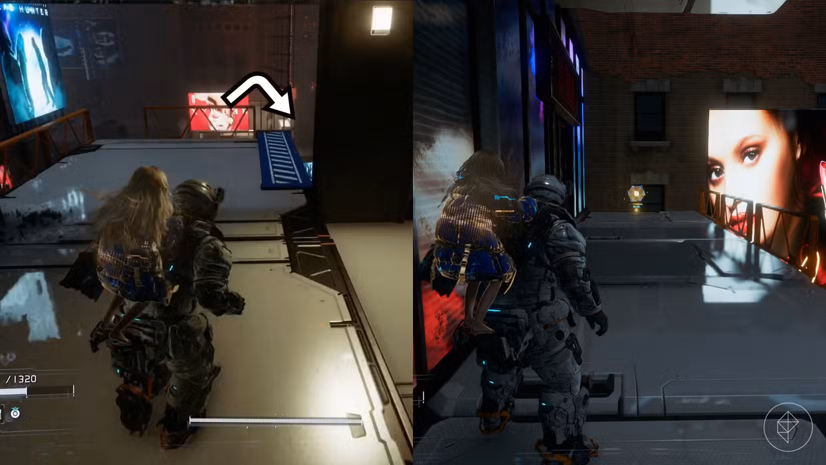 Uma montagem usando duas imagens Pragmata mostrando a localização de um componente de atualização no setor Mass Production Array