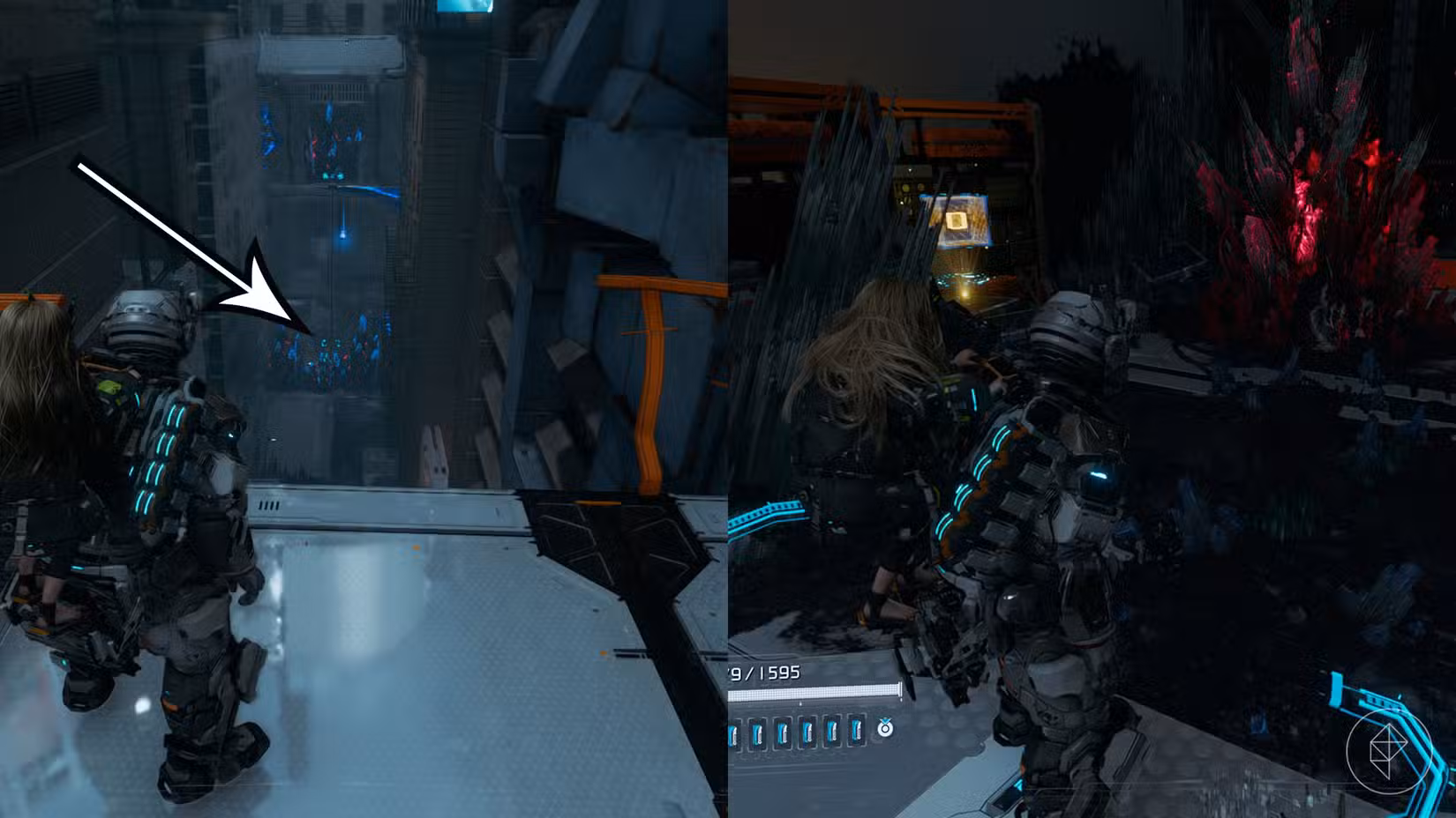 Uma montagem usando duas imagens Pragmata mostrando a localização de um componente de atualização no setor Mass Production Array