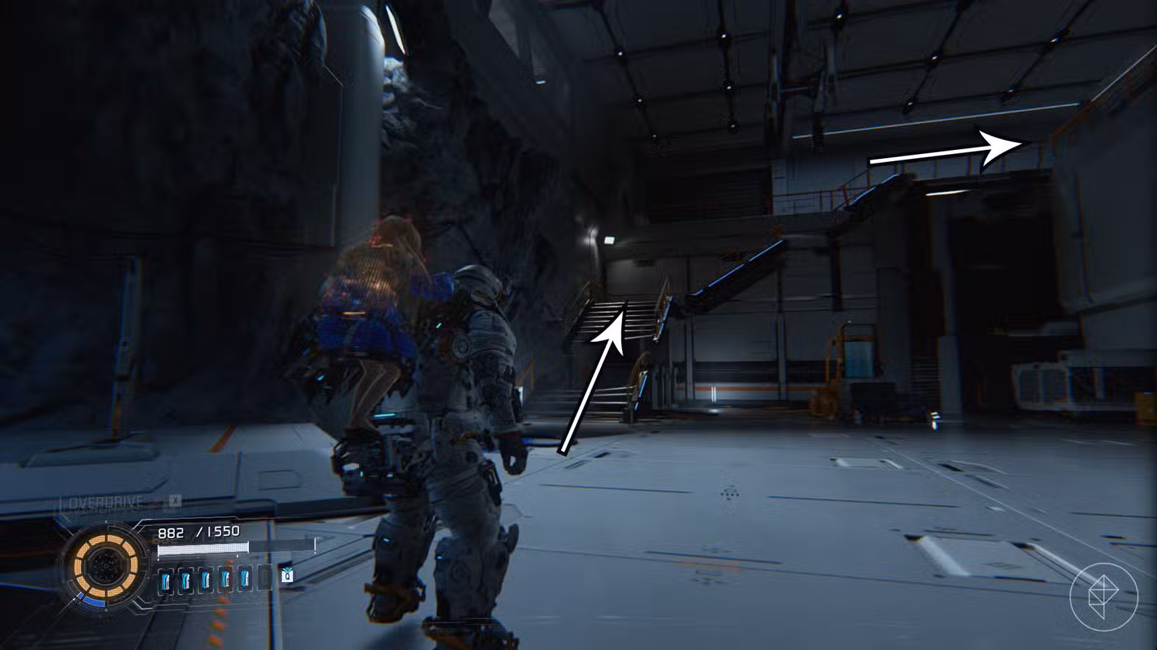 Um homem carregando uma garota nas costas olhando para uma escada quebrada em uma sala futurista em Pragmata.