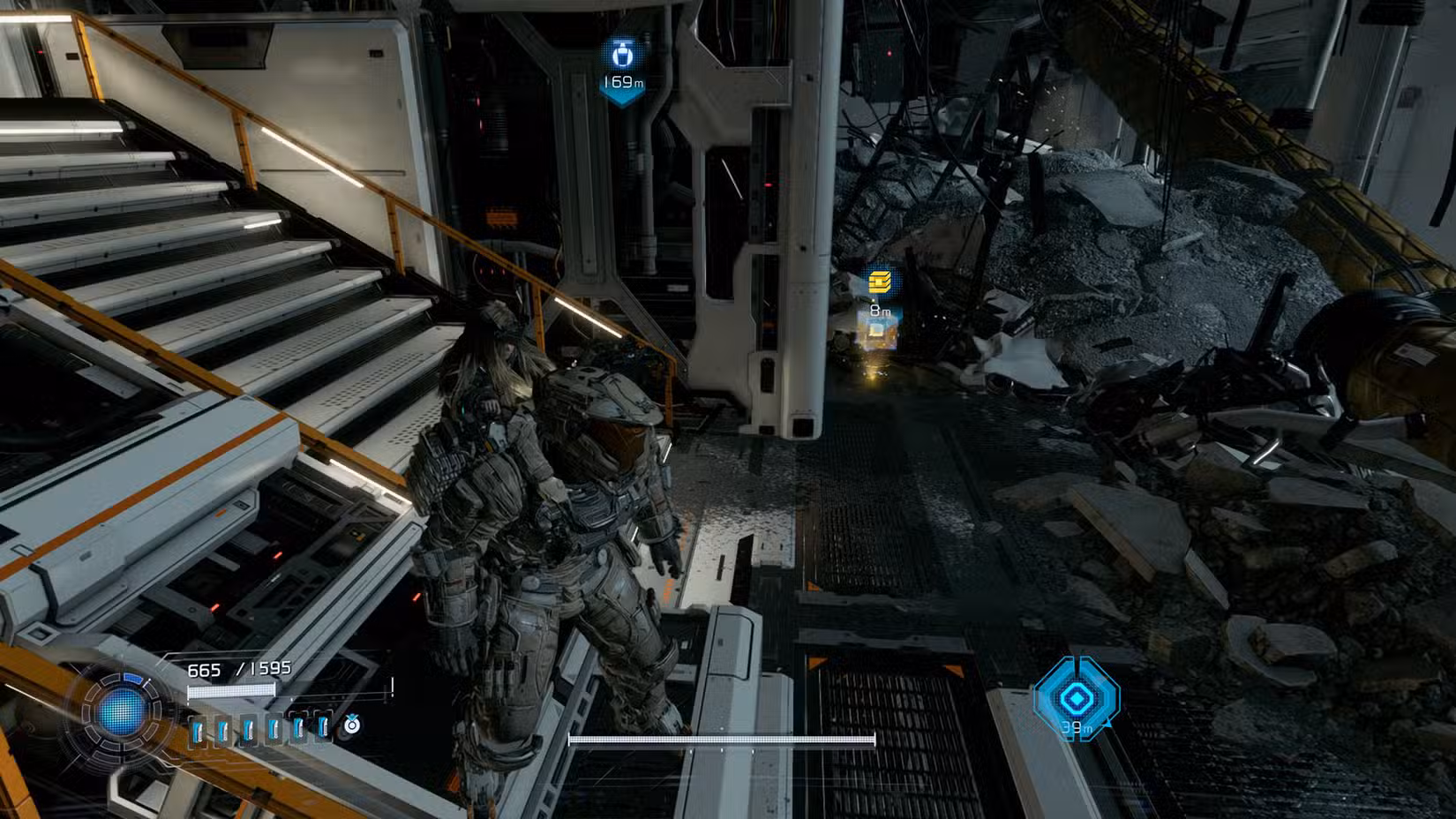 Uma captura de tela do Pragmata mostrando a localização de um componente de atualização no setor do Porto Central