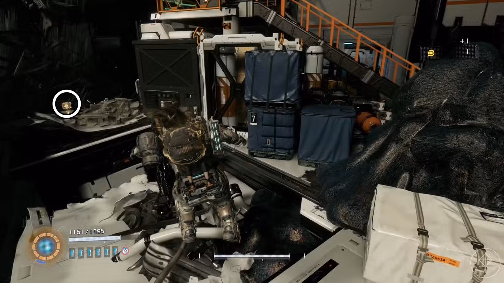 Uma captura de tela do Pragmata mostrando a localização de um componente de atualização no setor do Porto Central