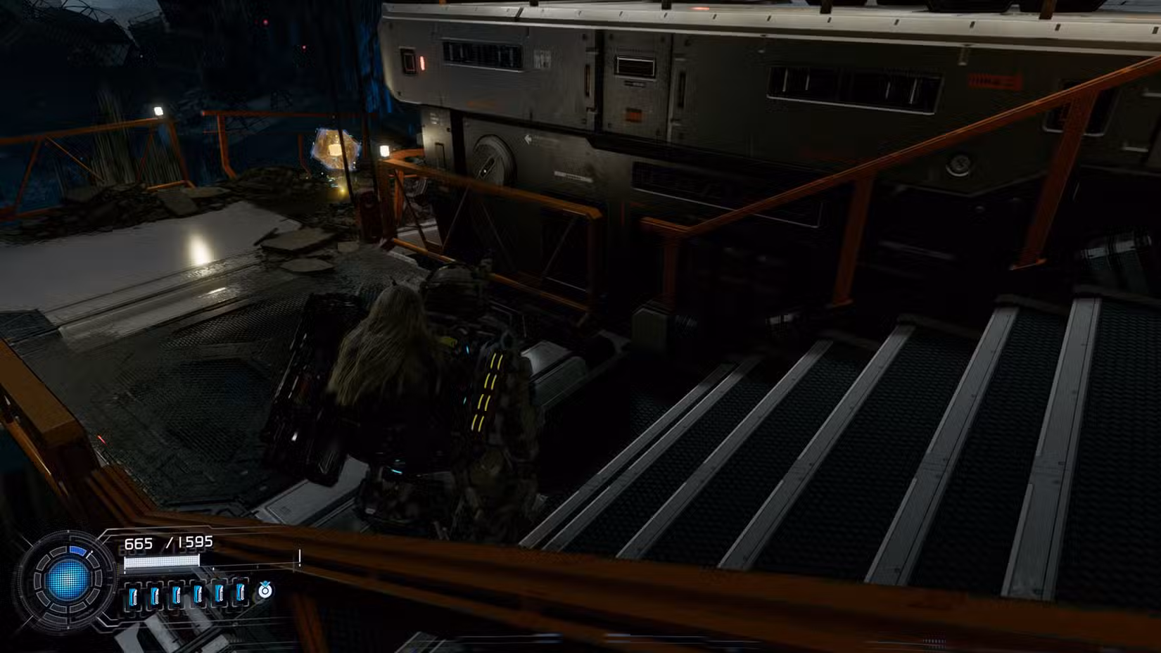 Uma captura de tela do Pragmata mostrando a localização de um componente de atualização no setor do Porto Central