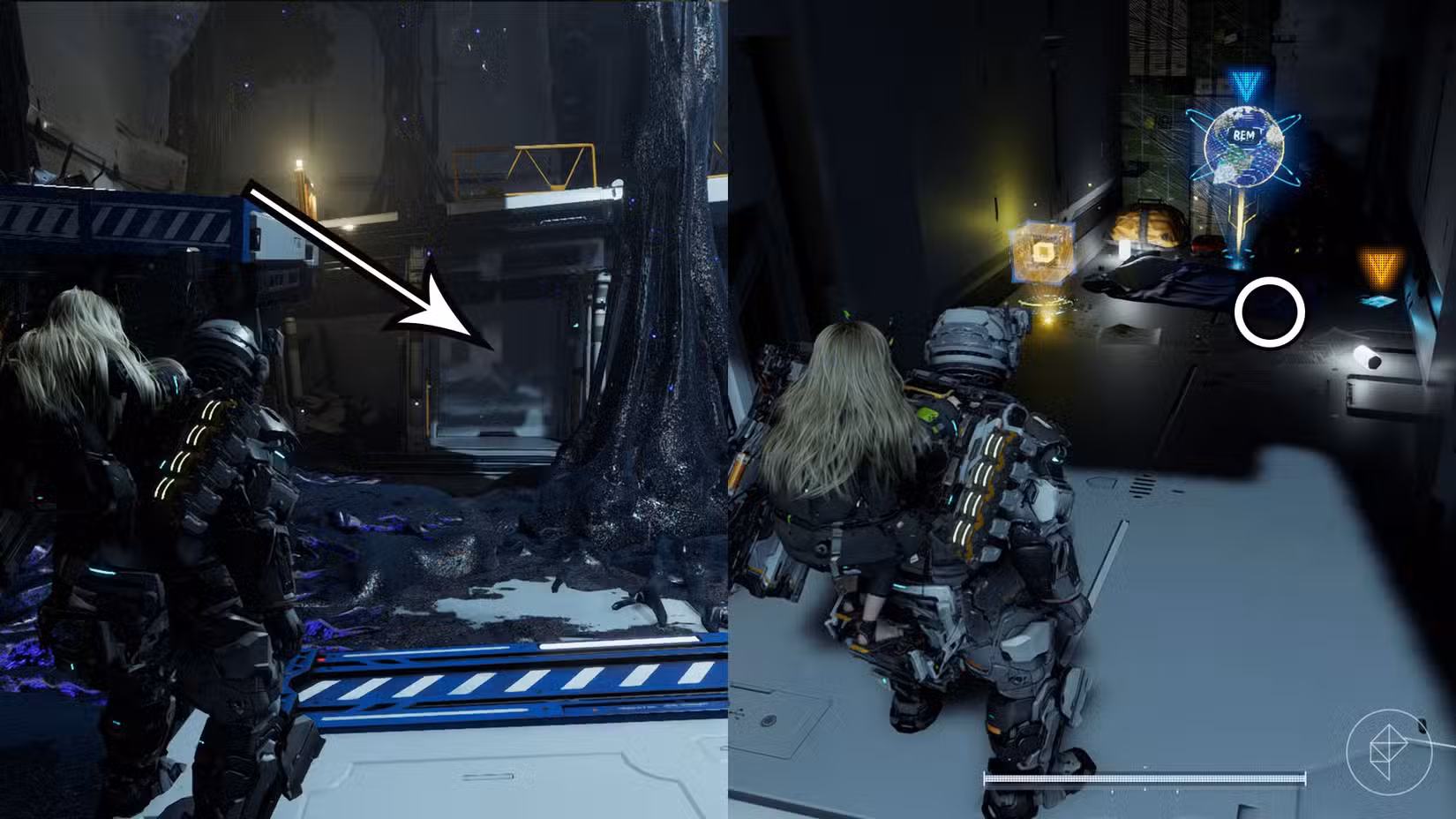 Uma montagem usando duas imagens do Pragmata mostrando a localização de um componente de atualização no setor do Porto Central