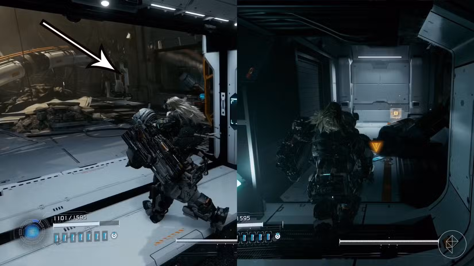 Uma montagem usando duas imagens do Pragmata mostrando a localização de um componente de atualização no setor do Porto Central