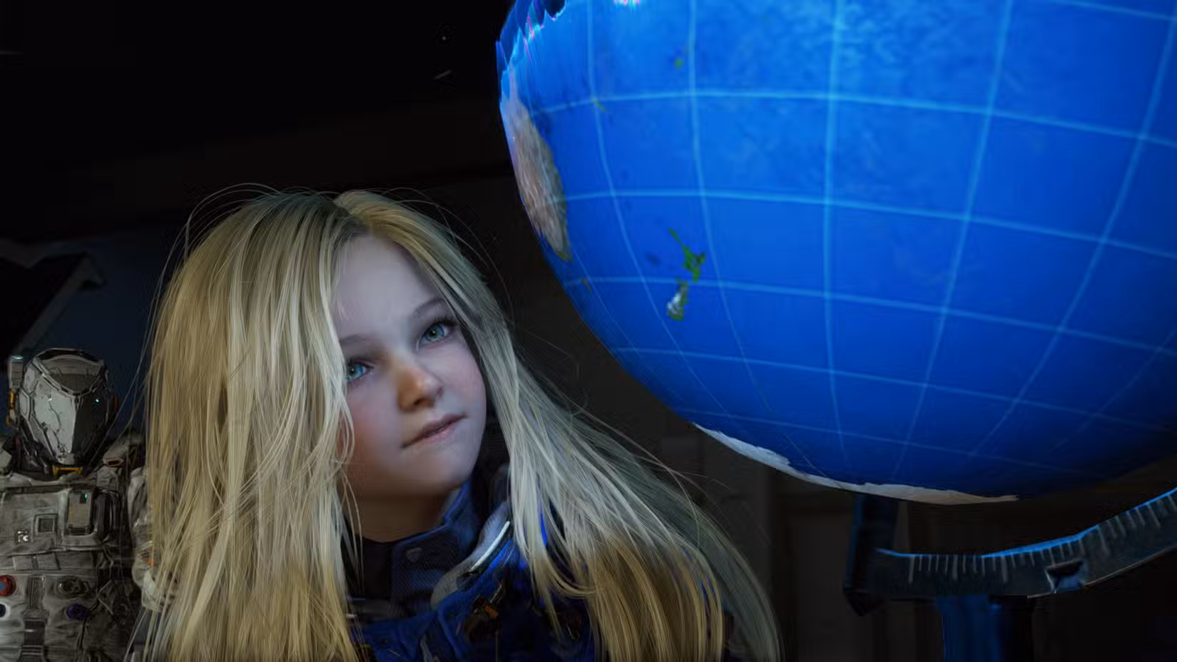 Diana olha para um globo em Pragmata.