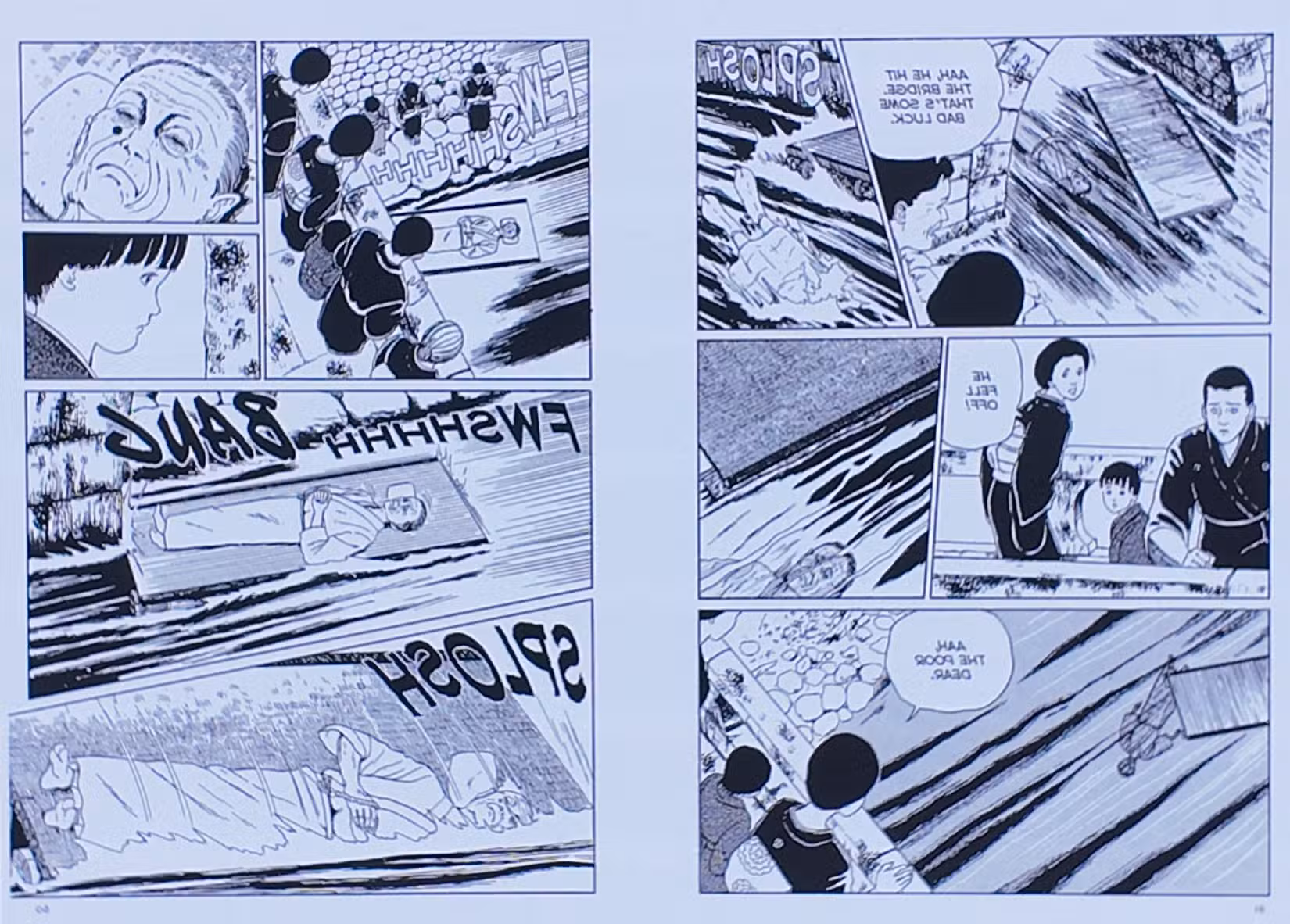 Painel de The Bridge, de Junji Ito, apresentando a tradição de mandar os mortos em tapetes tami. 