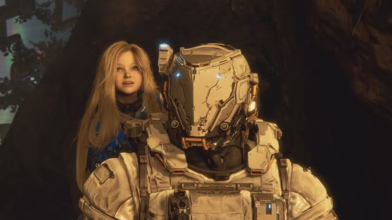 Um andróide infantil e um astronauta em Pragmata