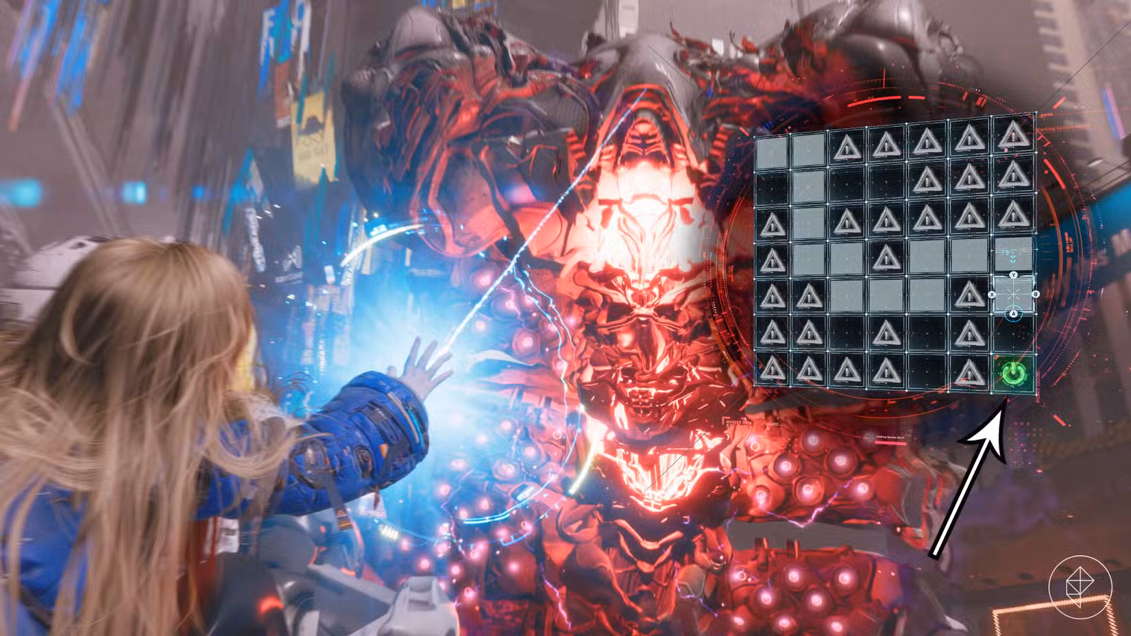 Esta imagem mostra a tela final de hacking na batalha do Pragmata Gigantic Bot.