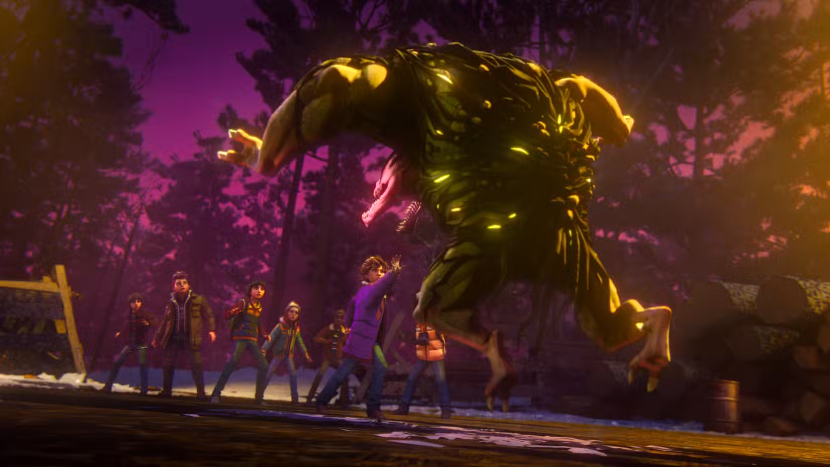 Eleven usa sua telecinesia para suspender um monstro planta gigante no ar enquanto seus amigos ficam atrás dela em Stranger Things Tales de 1985