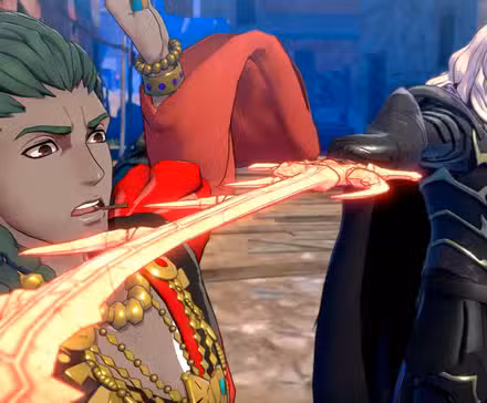 Personagem Fire Emblem segura uma espada flamejante no pescoço de outro personagem Fire Emblem