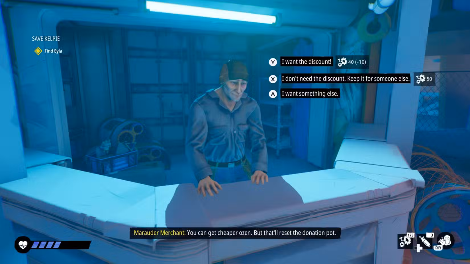 Um jogador visita uma loja em Tides of Tomorrow.