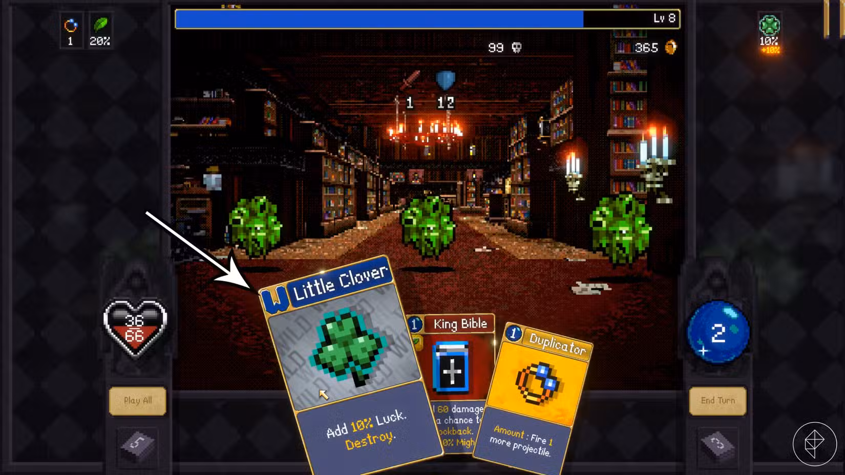 Uma seta aponta para um curinga em Vampire Crawlers.