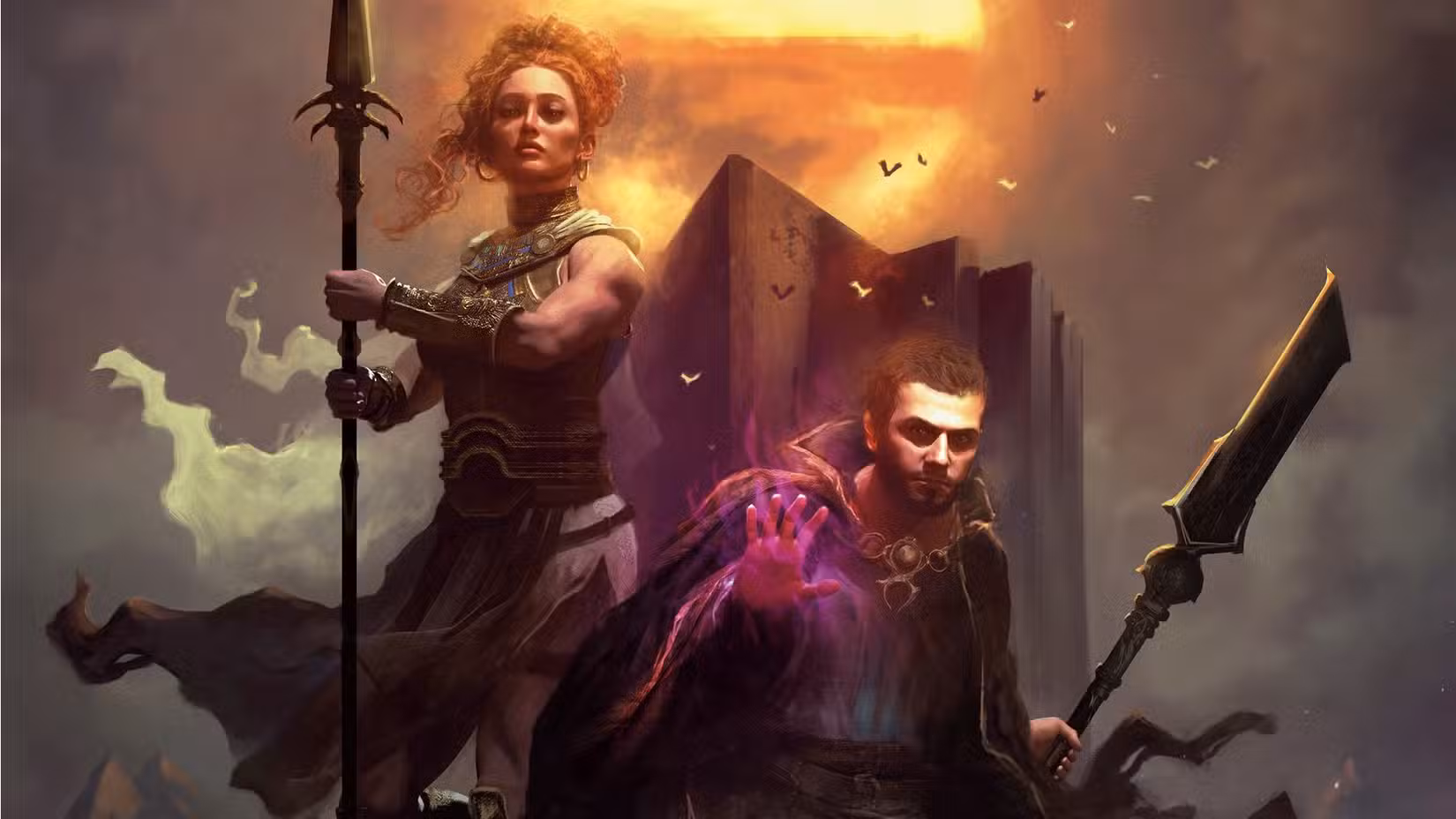 Lorath, um mago, estende uma mão roxa brilhante enquanto está ao lado do Capitão Adreona, uma guerreira Amazona segurando uma lança na capa do romance de Diablo 4, The Lost Horadim