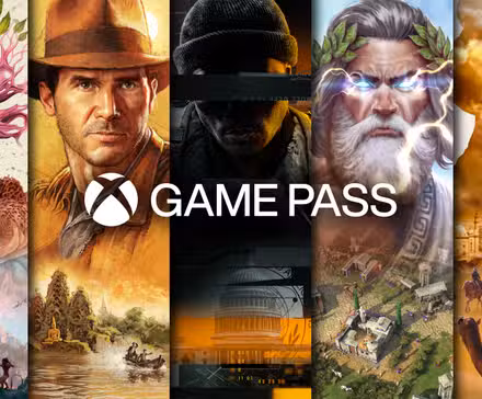arte promocional para Xbox Game Pass com cinco colunas de arte: de Avowed, Indiana Jones and the Great Circle, Call of Duty: Black Ops 6, Age of Mythology: Retold e Sid Meier's Civilization 7
