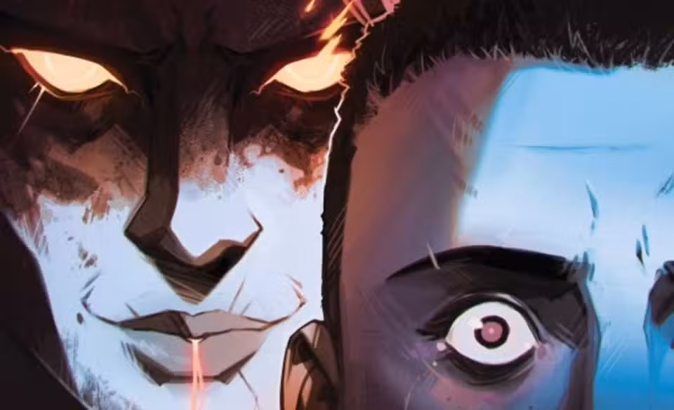 Um humanóide demoníaco sorridente se esconde atrás de um cientista aterrorizado no espaço profundo