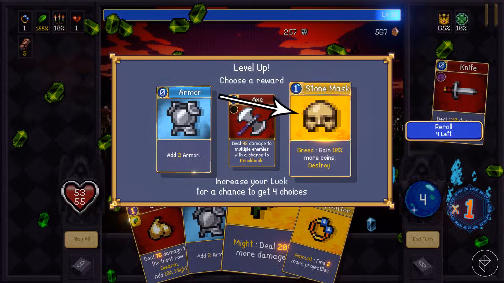 Uma seta aponta para uma carta com efeito Ganância em Vampire Crawlers.