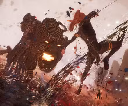 Um guerreiro ruivo luta contra um monstro de pedra em Clair Obscur: Expedition 33