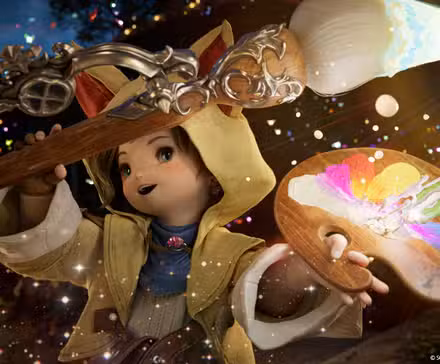 Um Lalafell Pictomancer passa seu pincel mágico em uma tela para lançar um feitiço na arte de Final Fantasy 14