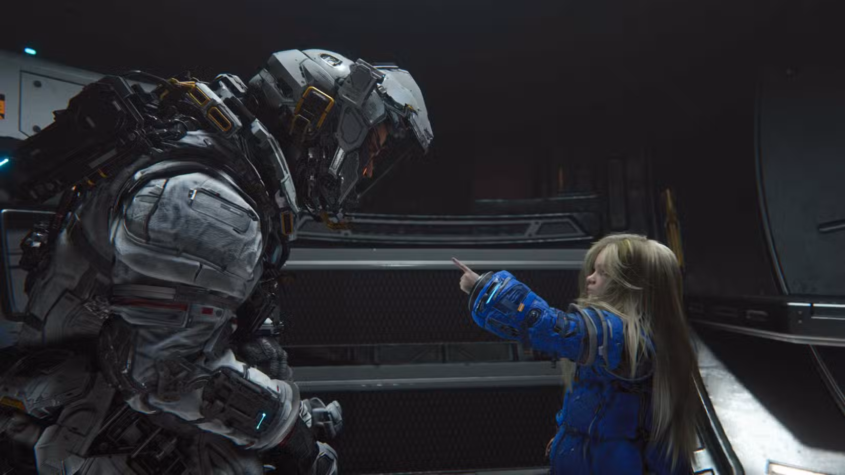 O astronauta Hugh e a andróide Diana conversando em uma captura de tela do Pragmata